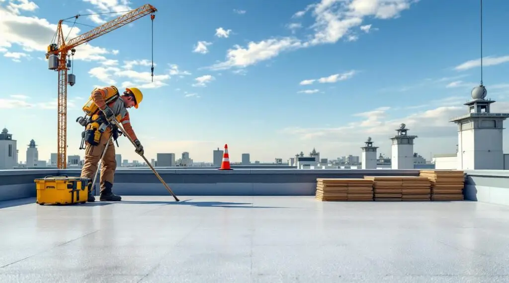 Commercial building with a newly installed flat roof membrane under a clear sky