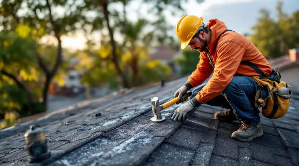 Close-up of a roofer repairing shingles on a residential roof in Marblehead