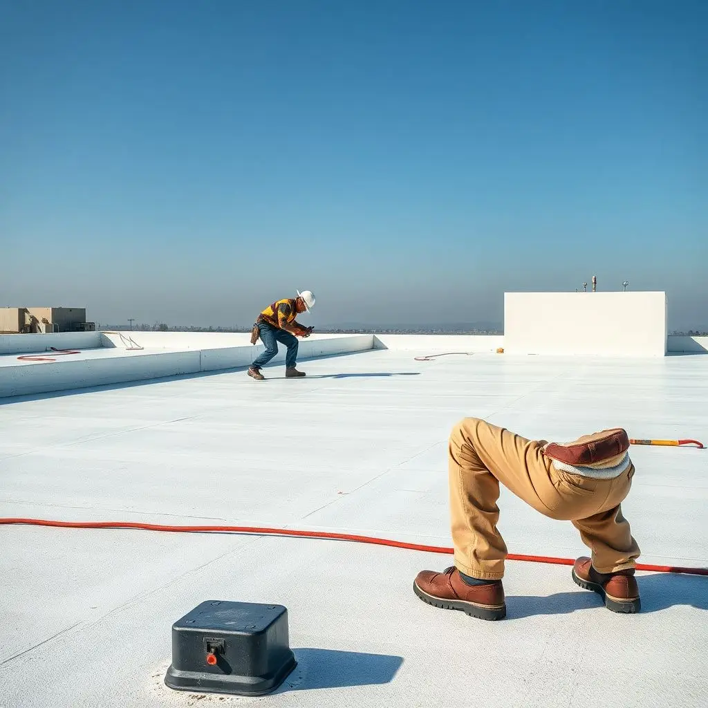 Commercial flat roof with a technician inspecting a TPO membrane for leaks in Marblehead MA