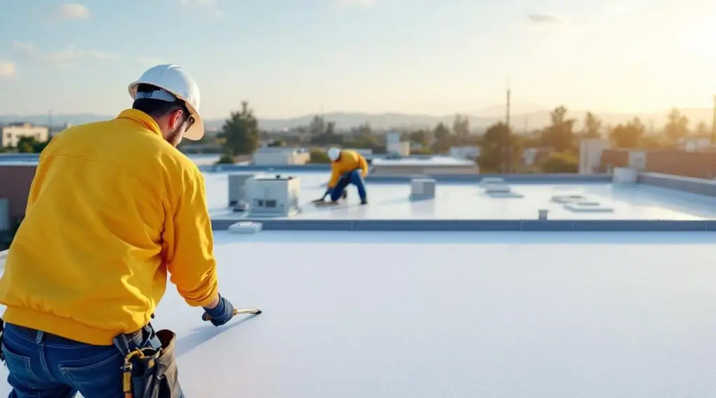 Commercial building with a new white TPO roof membrane being installed by roofing technicians.